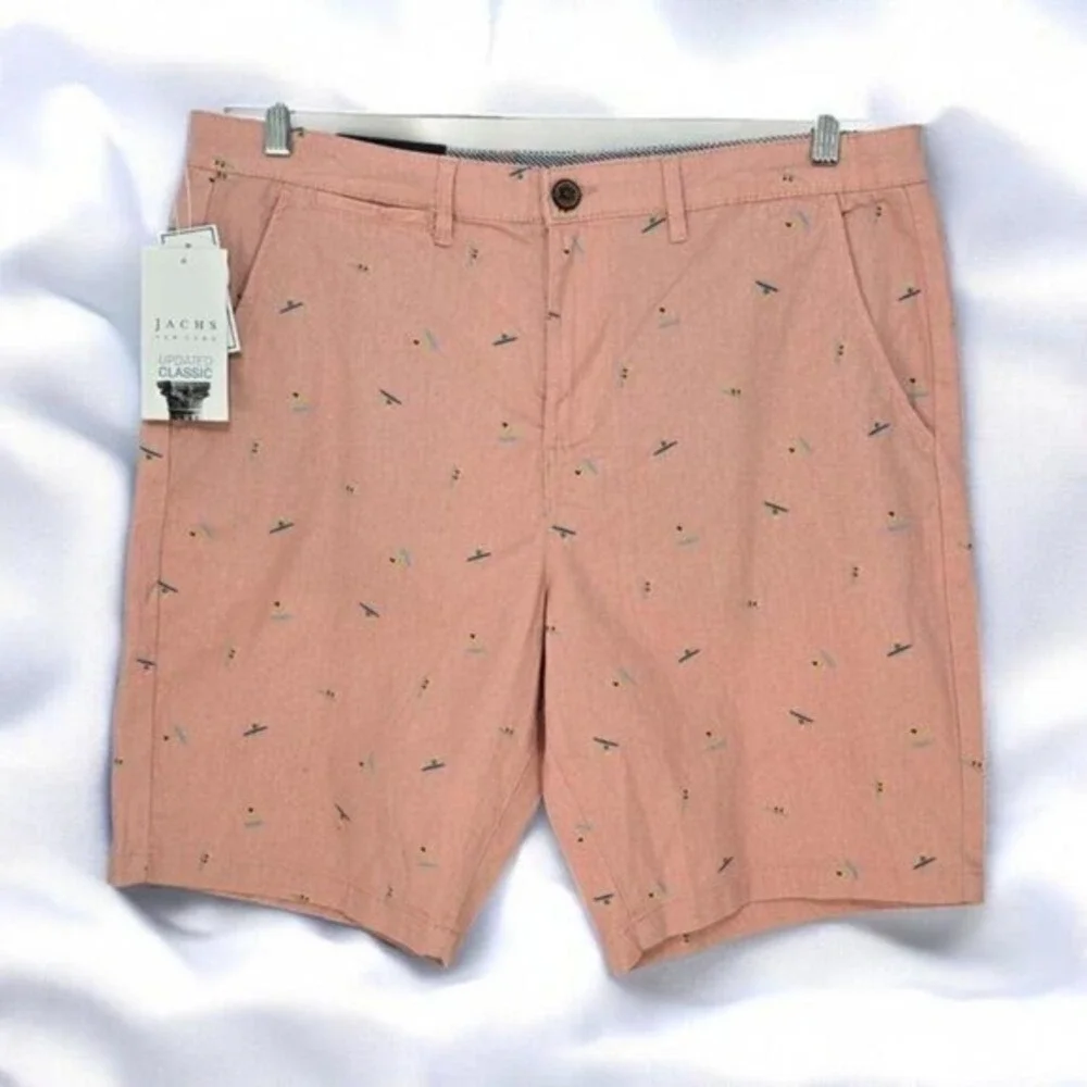 Jachs New York Bleecker Shorts Mens 34 Peach Surfer Pattern Chino‎ Stretch Twill